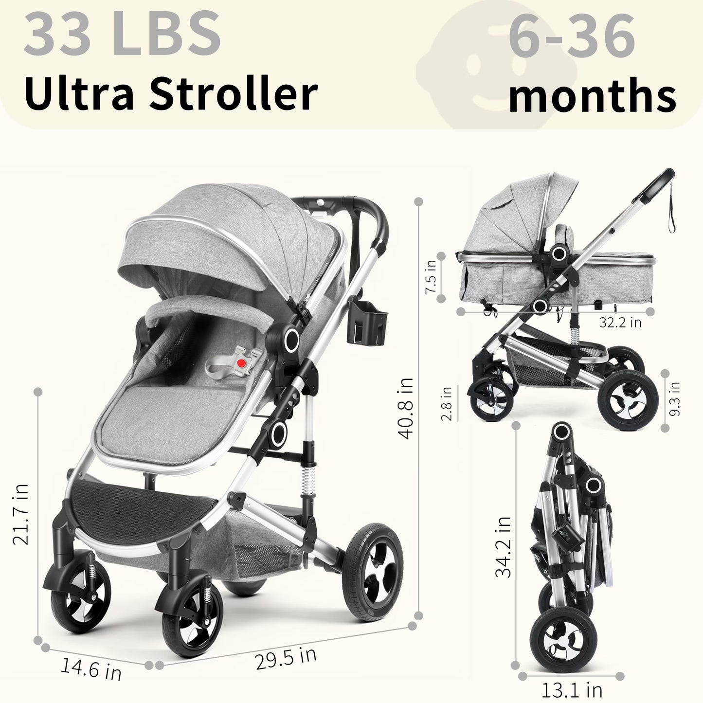 3-In-1 Convertible Baby Stroller with Big Seat and Adjustable Canopy, 24 Pounds, Light Grey
