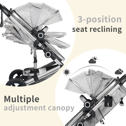 3-In-1 Convertible Baby Stroller with Big Seat and Adjustable Canopy, 24 Pounds, Light Grey
